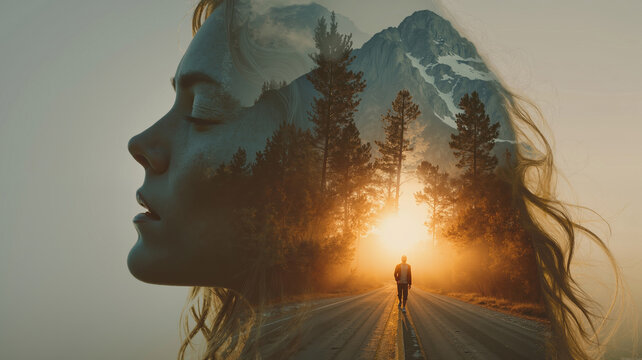 Surreal double exposure of woman with mountain forest and sunset creating dreamlike landscape