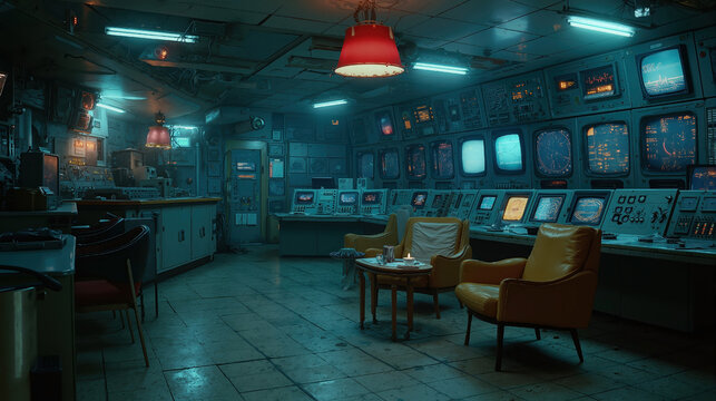 Vintage control room with retro electronics and monitors illuminated by ambient lighting