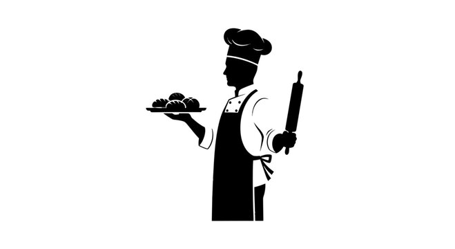 Chef silhouette holding rolling pin and cake.