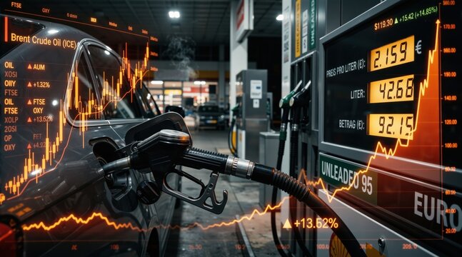 Car refueling at gas station with rising fuel price chart overlay. High petrol costs and inflation concept