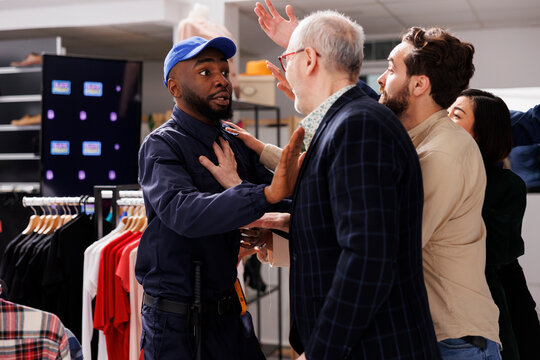 Rude aggressive people shoppers shouting and arguing with security staff while queuing for sales, eager customers waiting in line on Black Friday sales for chance to grab best deals when doors open