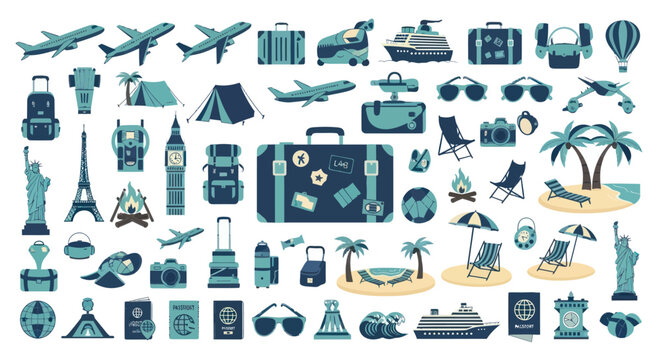 Collection of travel icons and symbols on a white background.