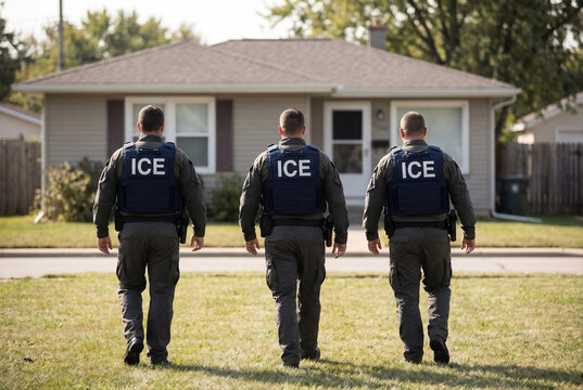 ICE agents breaking into home in suburban residential neighborhood for law enforcement action illustration