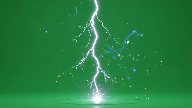 A bright, powerful lightning strike against a solid, vibrant green background in a studio setting