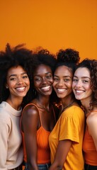 Fototapeta premium Four happy women friends diverse multiracial group close up portrait smiling. They stand together closely, showing strong female bond. Joyful faces express unity confidence and friendship.