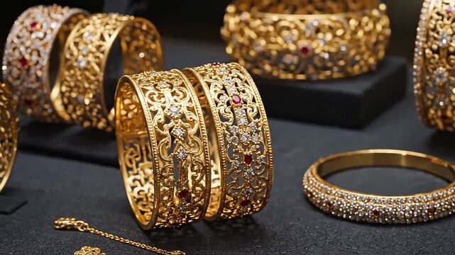 Various golden bracelets and necklaces are displayed on a dark surface in a jewelry store setting
