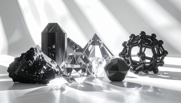 A diverse collection of crystalline carbon allotropes including graphite flakes and diamond structures illuminated with dramatic lighting