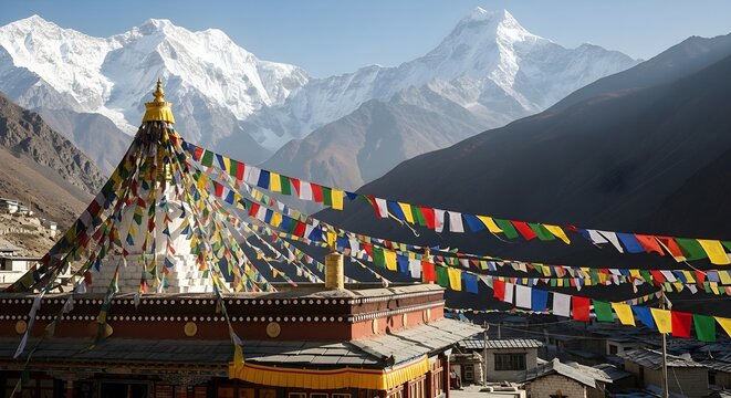 Colorful prayer flags at Himalayan monastery with snow-capped mountains backdrop