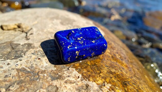 Deep blue lapis lazuli gemstone with gold pyrite flecks resting on a textured rock surface