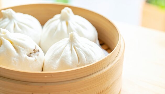 Fluffy White Steamed Mushroom Bao Buns in Bamboo Steamer Basket, Delicious Asian Cuisine Showcase