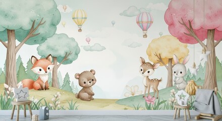 Fototapeta premium Cute animals in forest watercolor wall mural. Children bedroom interior decoration with fox, bear, deer and bunny. Balloon flying above landscape for nursery or playroom wallpaper design.