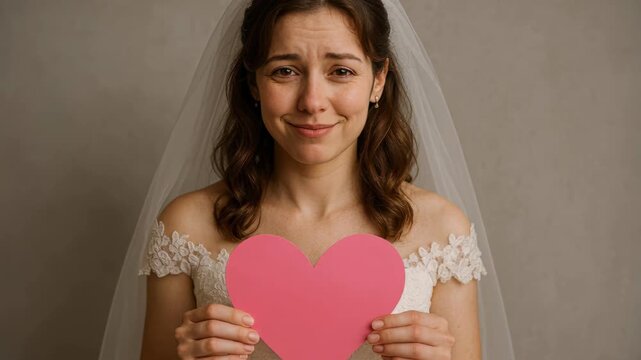 Tears of Love and Doubt: A bride, adorned in a delicate veil and wedding dress, holds a pink heart, her expression conveying a mix of tears and uncertainty.