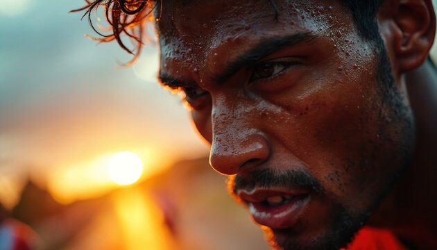 Close-up runner face sweat glistens, intense focus. Athlete pushes limits during race, hot sun beats down. Grit shows in determined expression, pure effort.