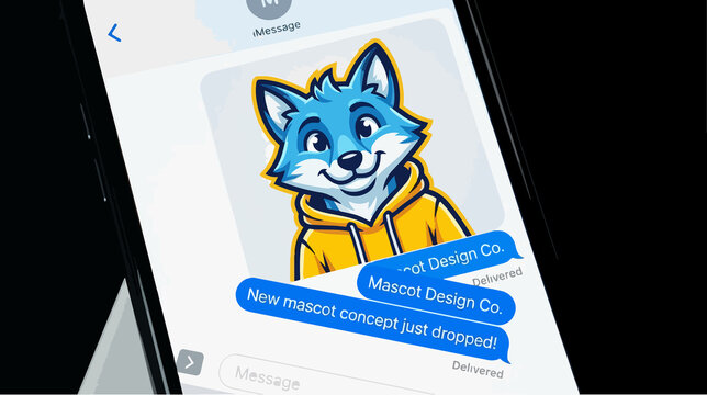 Cartoonish blue fox mascot in a yellow hoodie displays on an iMessage screen showcasing a modern vector design with playful character messaging on a mobile device