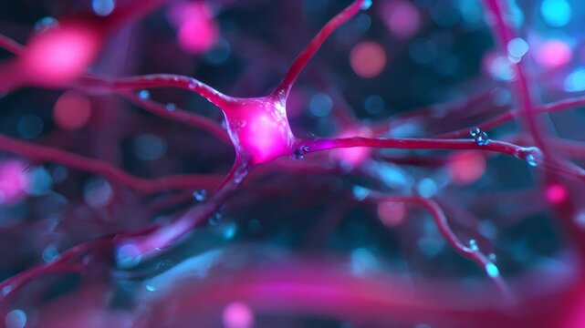 Neural network transmission inside a human brain. Scientific visualization of synapse firing in a neuron. Biological connection and neurological data communication.
