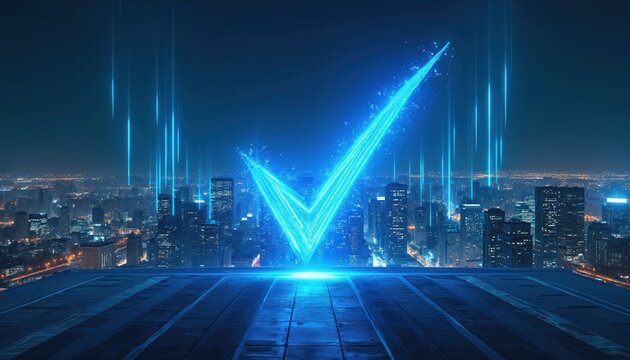 Bright neon blue checkmark symbol hovers over cityscape at night. Digital lines streak upwards from city buildings toward the glowing success icon. Futuristic technology and innovation concept.