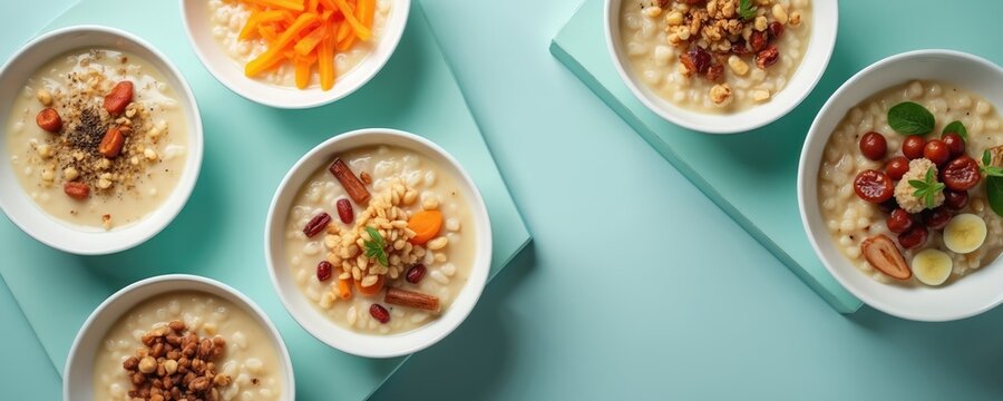 Various Korean juk dishes with toppings like fruit nuts and spices arranged in white bowls on a pastel blue surface. Healthy breakfast or comfort food options.