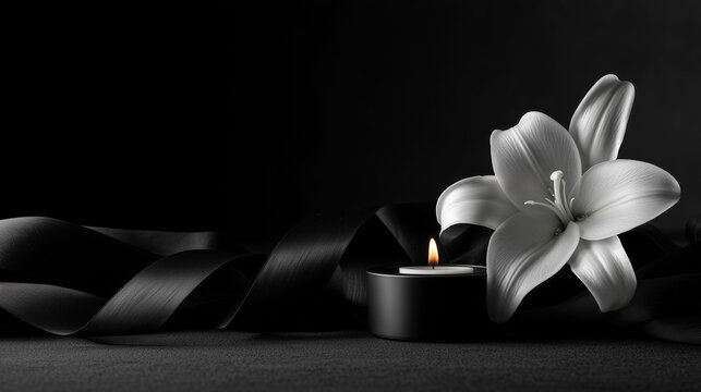 Minimal funeral remembrance scene with white lily, memorial candle and black ribbon on dark background, elegant sympathy composition with copy space for mourning, condolence, tribute memorial design