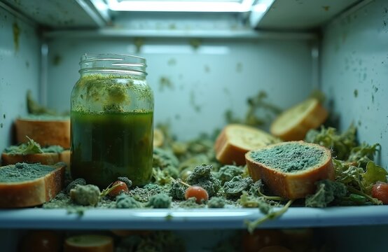 Moldy food with green fuzzy growth covers bread slices and green liquid in glass jar inside dirty refrigerator. Unhealthy spoiled leftovers forgotten in fridge.