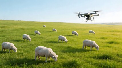 Fototapeta premium Sheep grazing field with drone