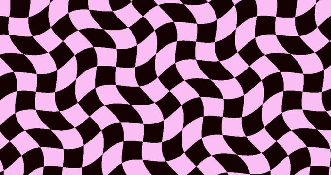An abstract, dynamic background featuring a classic checkerboard pattern in contrasting black and creamy off-white tones. The grid of squares continuously warps and undulates with a smooth, fluid moti