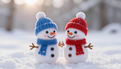Obraz premium Blue Red Knitted Snowmen Pair