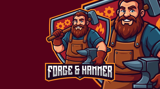 Cartoon blacksmith mascot logo wielding a hammer at a forge with anvil in a shield emblem design featuring strong outlines and bold colors