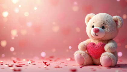 Fototapeta premium Cute teddy bear sits on pink background holding red heart. Sparkling lights and heart confetti add festive romantic mood. Perfect for Valentine or love theme cards.