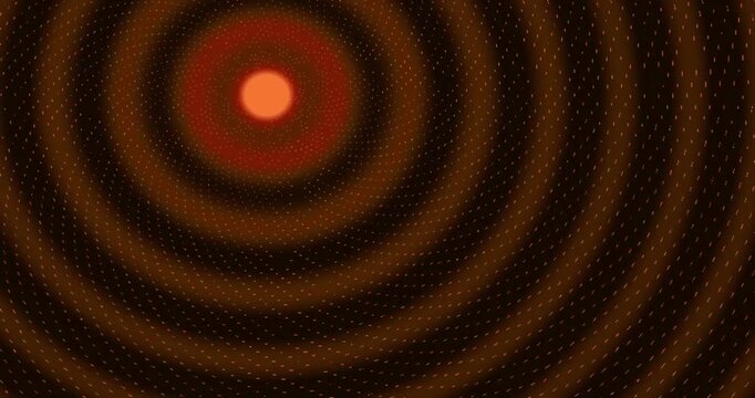 An abstract, high-tech animation features a vibrant green glow at its center, pulsating outward in concentric, digital rings. Each ring is composed of an array of glowing dashes and dots, creating a d