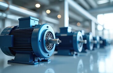 Fototapeta premium Several blue electric motors sit in a row on a factory floor. These machines power industrial equipment for production processes and manufacturing plants. Energy efficient tech drives industry.