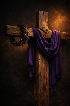 A wooden cross with a crown of thorns and purple cloth draped over it on a dark background