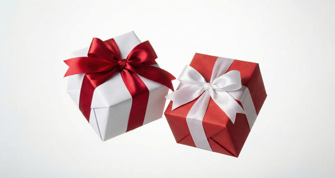 Conceito de celebra&ccedil;&atilde;o e surpresa: duas elegantes caixas de presente (vermelha e branca) com la&ccedil;os de cetim isoladas no fundo branco.