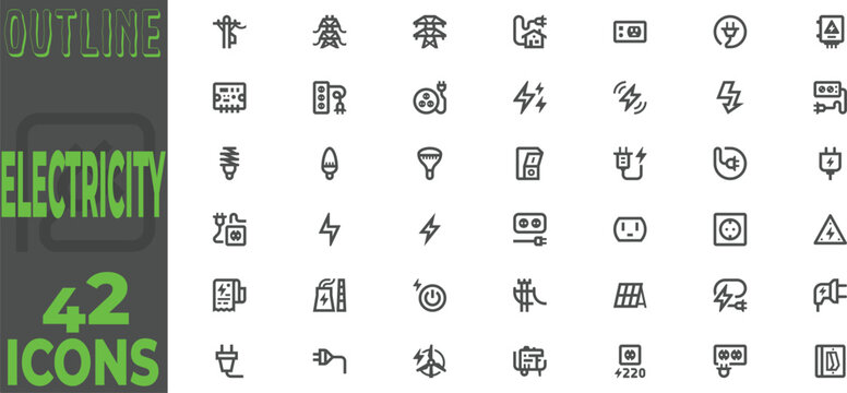 42 Electricity and Power Line Icon Pack with Industrial Energy and Electrical Equipment Illustrations