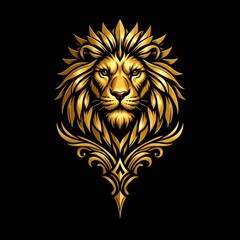 Obraz premium A majestic golden lion head with ornate mane and decorative scrollwork on a black background