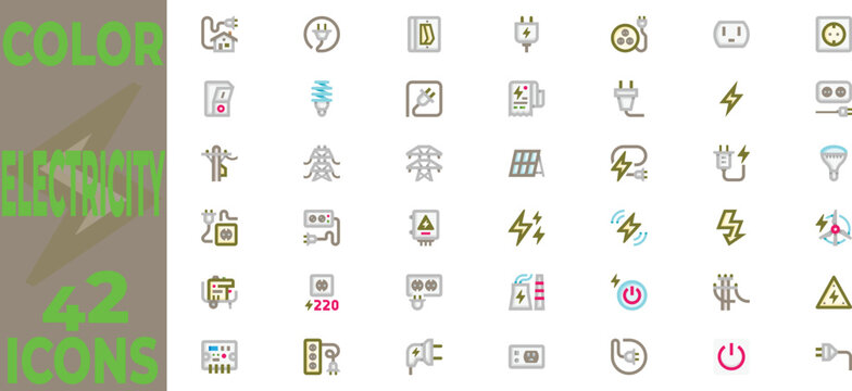 42 Electricity and Power Color Flat Icon Pack with Industrial Energy and Electrical Equipment Illustrations