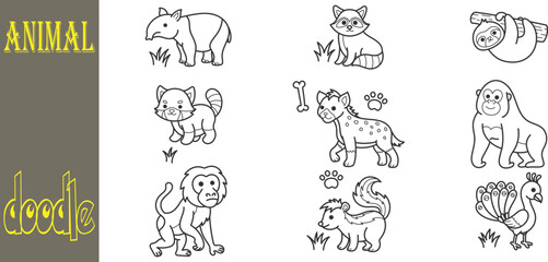 Obraz premium Set of Hand Drawn Wild Animals and Exotic Forest Wildlife Doodle Illustrations