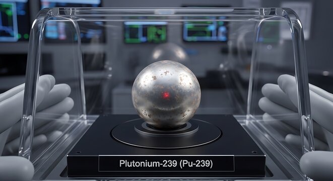 Gloved hands near Plutonium-239 sphere in clear shield at laboratory
