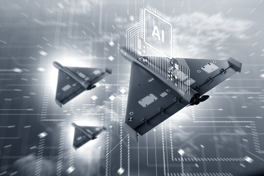 Military drone technology. AI-guided unmanned aircraft operate in coordinated swarm formation for autonomous aerial targeting and combat missions.