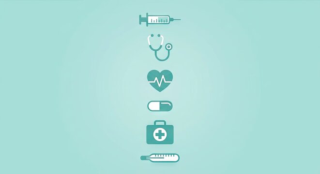 A vertical row of teal medical icons including a syringe, stethoscope, heart, pill, medical bag, and thermometer