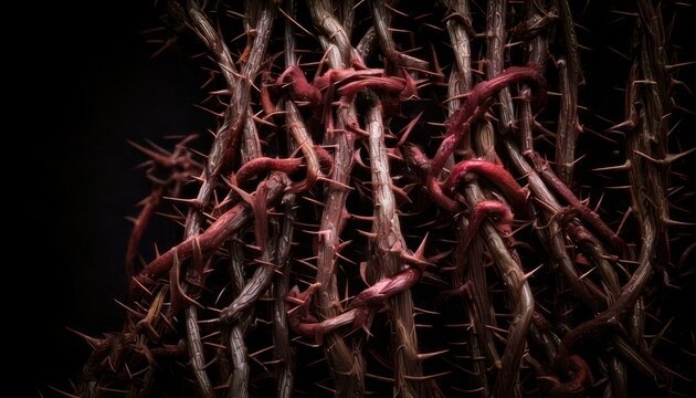 Intricate tangle of roots and tendrils against a dark backdrop.