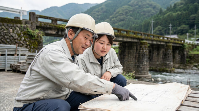 日本人で建設業の50代男性が20代女性に図面を指差して説明している川沿いの工事現場の様子。橋の修繕工事における技術指導と現場管理、真剣な表情で学ぶ若手作業員。