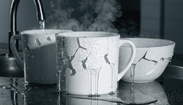 Medium shot inside a lab sink environment displaying experimental selfhealing enamel with microcapsules actively repairing small chips after controlled abrasion tests.