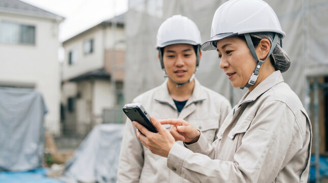 日本人で建設業の40代女性が現場でスマートフォンを操作し情報共有している様子。背景で見守る男性作業員、住宅建築現場におけるDX推進とIT活用、スマートな現場管理のイメージ。