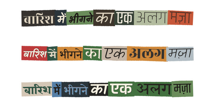 Hindi Ransom Note Style Typography About Rain Joy, Monsoon Season Quote Graphics