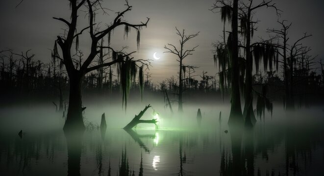 An eerie swamp landscape under a moonlit night.