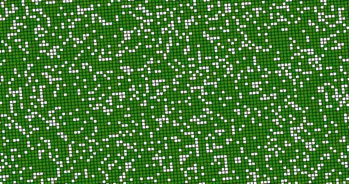 An engaging abstract background features a dynamic mosaic of alternating white and deep blue squares. The grid pattern continuously shifts and evolves, with individual white pixels appearing and disap