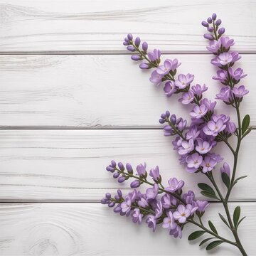 A cluster of light purple lilac blossoms arranged vertically on the right side of a white wooden plank background