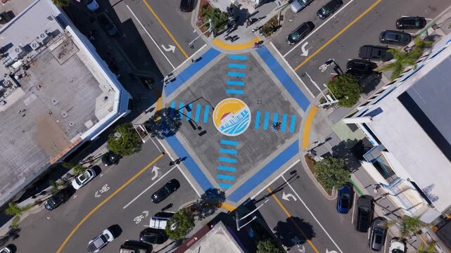 Top down aerial view of Manhattan Beach intersection crosswalk, March 10, 2026
