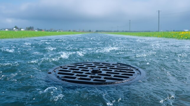 Water Flowing into Storm Drain in Green Field