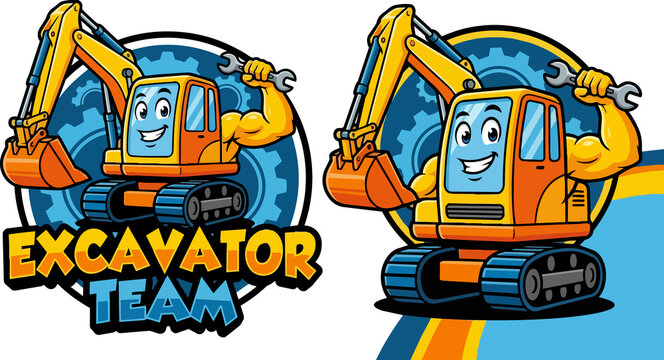 Cartoon excavator character flexing with wrench in construction logo design with bold lettering and vibrant orange blue and yellow